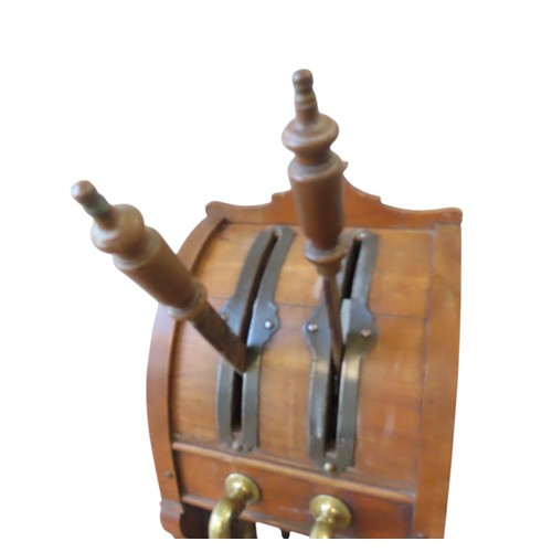 23 - AN UNUSUAL 19TH CENTURY FRUITWOOD ALE PUMP STAND, with twin pump handles and curved drip tray117 x 3... 