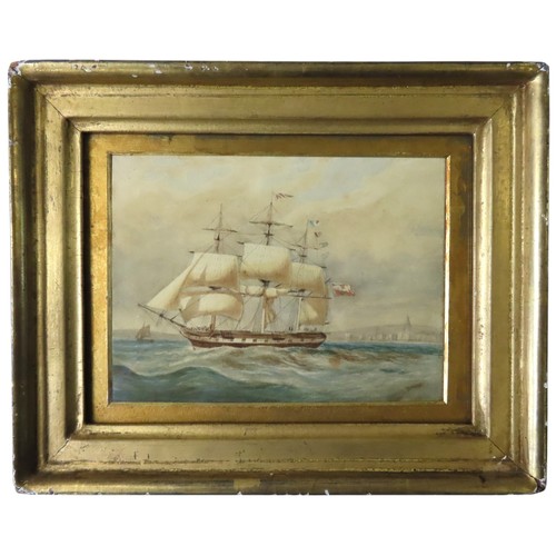 403 - NAIVE 19TH CENTURY WATERCOLOUR OF A FRIGATE on a choppy sea in a gilt frame and a naive watercolour ... 