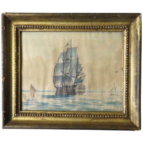 403 - NAIVE 19TH CENTURY WATERCOLOUR OF A FRIGATE on a choppy sea in a gilt frame and a naive watercolour ... 