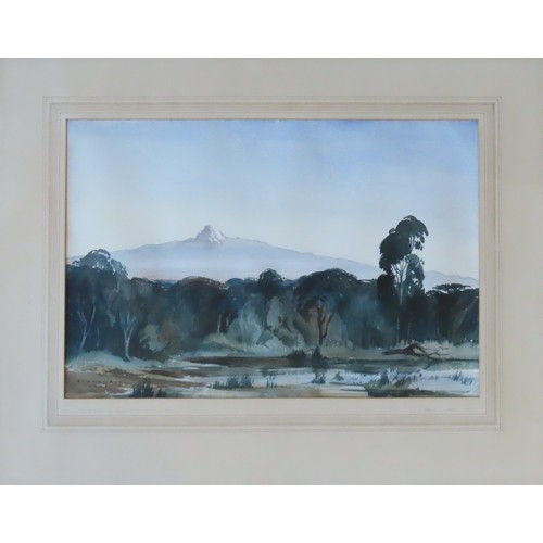 405 - ROWENA ELIZABETH BUSH (1917-c.1998) 'MOUNT KENYA AT DAWN' (1960) WATER COLOUR, signed and dated in l... 