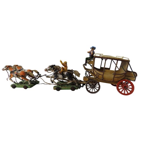 364 - HAUSSER/ELASTOLIN STAGE COACH circa 1960 with four horse team one 'cowboy' with rifle, 'driver' with... 