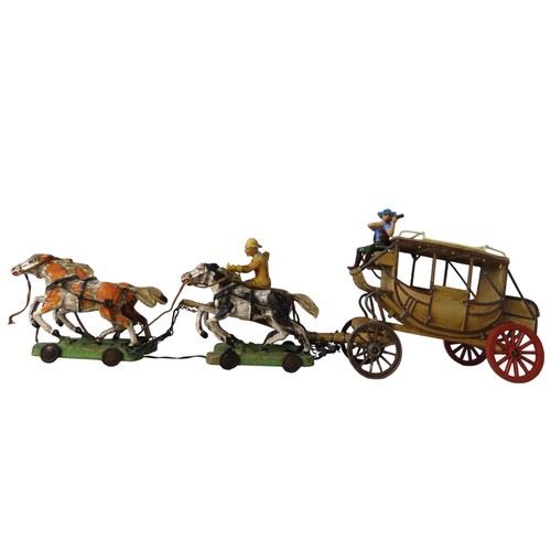 364 - HAUSSER/ELASTOLIN STAGE COACH circa 1960 with four horse team one 'cowboy' with rifle, 'driver' with... 