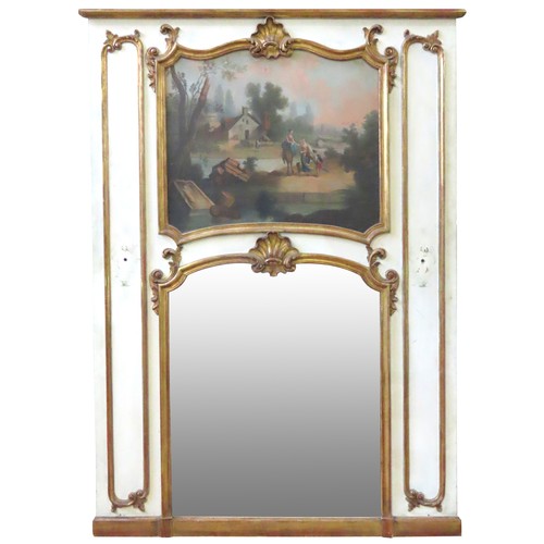 76 - A FRENCH LOUIS XV-STYLE PAINTED AND PARCEL GILT TRUMEAU, painted with a bucolic scene of travellers ... 