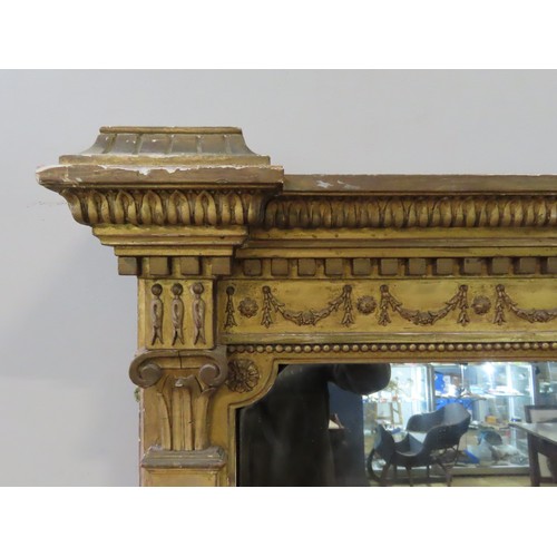 610 - A LARGE 19TH CENTURY GILT OVERMANTEL MIRROR, dentil cornice over a festoon decorated frieze, the rec... 