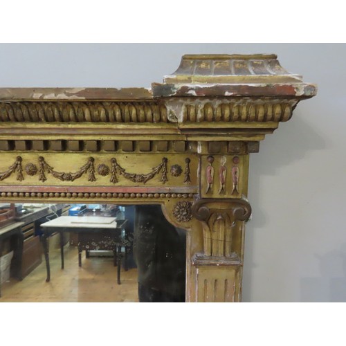 610 - A LARGE 19TH CENTURY GILT OVERMANTEL MIRROR, dentil cornice over a festoon decorated frieze, the rec... 