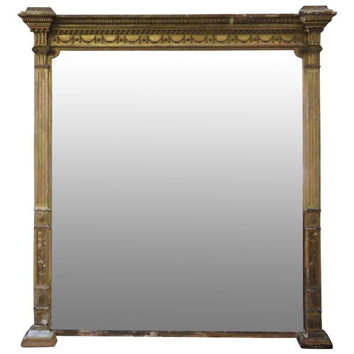 610 - A LARGE 19TH CENTURY GILT OVERMANTEL MIRROR, dentil cornice over a festoon decorated frieze, the rec... 