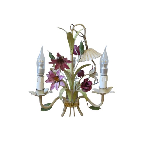 612 - A TOLE WARE LIGHT FITTING, three branch chandelier with mauve roses, open clematis flowers and pale ... 