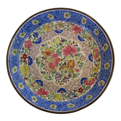 615 - A FINE CHINESE ENAMEL DISH, 19TH CENTURY, the central lotus form reserve filled with a profusion of ... 