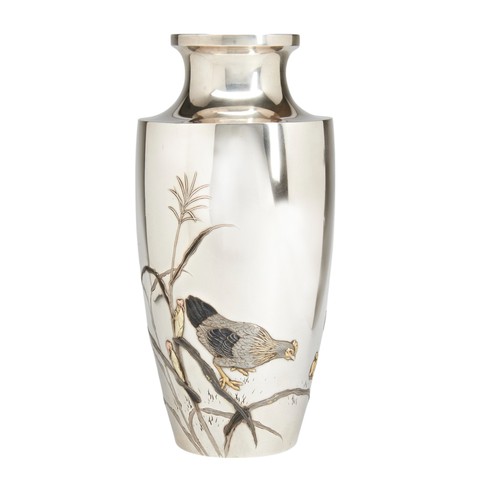 A FINE JAPANESE SILVER AND MIXED METAL PRESENTATION VASE