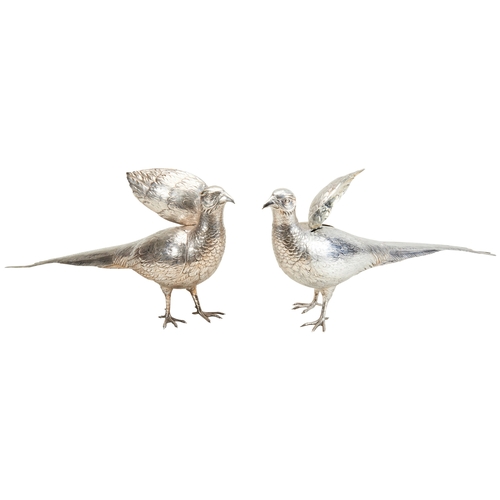 115 - A PAIR OF LARGE SILVER TABLE PHEASANTS with articulated wings and removeable heads, the neck collars... 