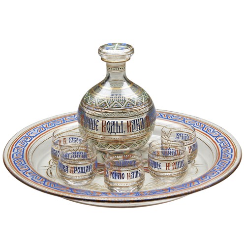 109 - A RUSSIAN ENAMELLED GLASS VODKA SET, circa 1880, comprising a tray, decanter and five glasses all va... 