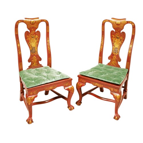 149 - A FINE PAIR OF RED LACQUER AND PARCEL GILT SIDE CHAIRS, circa 1735, with ornate chinoiserie decorati... 