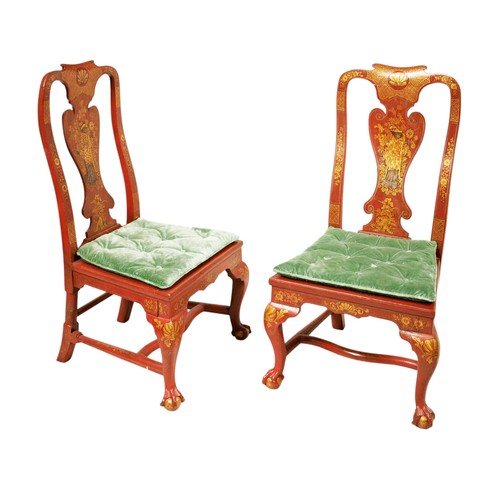 149 - A FINE PAIR OF RED LACQUER AND PARCEL GILT SIDE CHAIRS, circa 1735, with ornate chinoiserie decorati... 