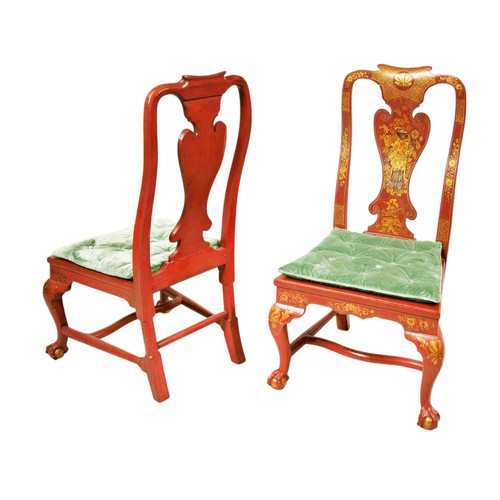 149 - A FINE PAIR OF RED LACQUER AND PARCEL GILT SIDE CHAIRS, circa 1735, with ornate chinoiserie decorati... 