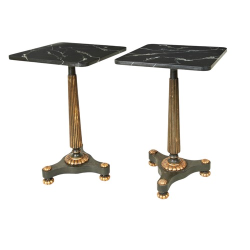 107 - A PAIR OF REGENCY STYLE PAINTED AND GILTWOOD OCCASIONAL TABLES, 20th century, with faux marble squar... 