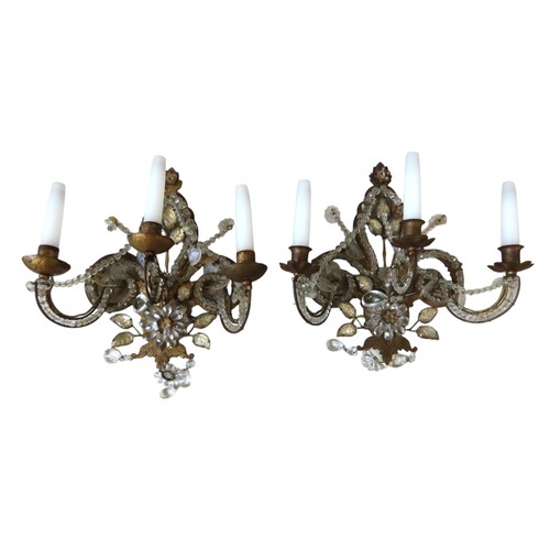 13 - A PAIR OF VINTAGE ITALIAN WALL LIGHTS CIRCA 1920 fleur de lys form with three scrolling branches, de... 