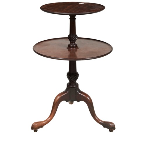 113 - A GEORGE III MAHOGANY DUMB WAITER, circa 1760, the graduated dish tops raised on a turned column upr... 