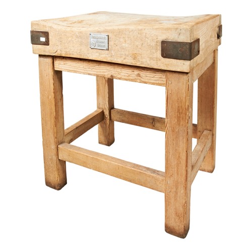 94 - A VINTAGE RUSHBROOKES ALBION BUTCHER'S BLOCK, 20th century, the steel bound block raised on a square... 