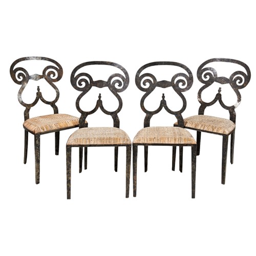 93 - A SET OF FOUR CUT STEEL EMPIRE STYLE CHAIRS, 20th century, with rattan seats 96cm high x 46cm wide P... 