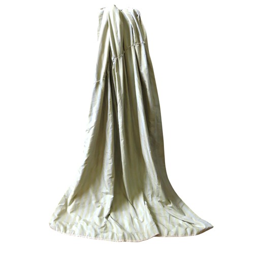 98 - TWO PAIRS OF SILK CURTAINS in a chartreuse and cream wide-stripe, with cream coloured lining. Length... 