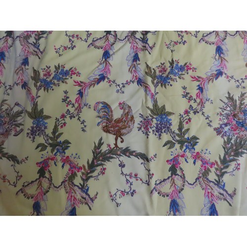 100 - TWO PAIRS OF CURTAINS in a French floral fabric with cockerels on yellow ground Length (panel) 246cm... 