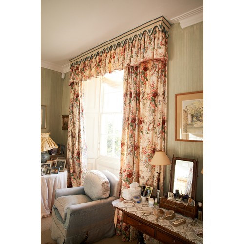 101 - TWO PAIRS OF CURTAINS in a floral chintz with gathered fabric pelmets and wooden painted window pelm... 