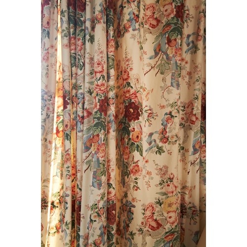 101 - TWO PAIRS OF CURTAINS in a floral chintz with gathered fabric pelmets and wooden painted window pelm... 