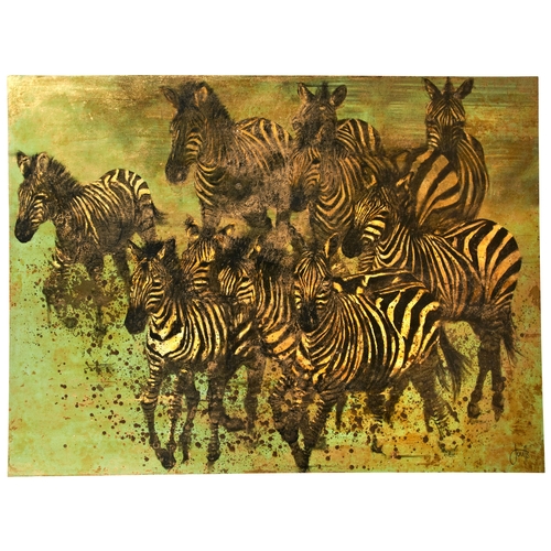 223 - JAN COUTTS (NEW ZEALAND XX-XXI) 'ZEBRAS MIGRATING' oil and mixed media, signed 132cm x 177cm PROVENA... 