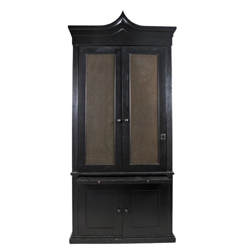 114 - A PAIR OF REGENCY STYLE BLACK PAINTED LIBRARY CABINETS, modern, the arched top over two gilt panel d... 