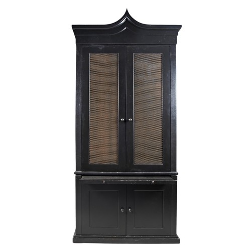 114 - A PAIR OF REGENCY STYLE BLACK PAINTED LIBRARY CABINETS, modern, the arched top over two gilt panel d... 