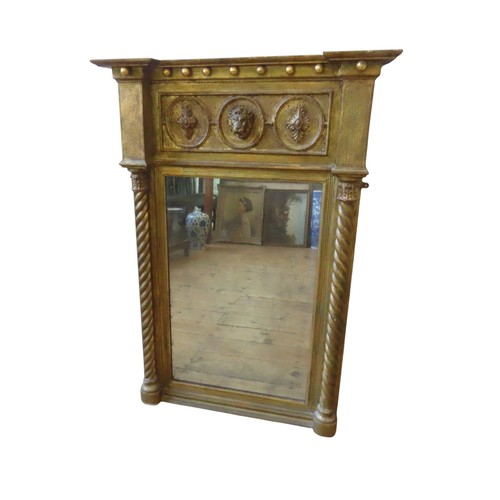 427 - A 19TH CENTURY PIER MIRROR, with ball finials above a frieze panel with applied lozenge and lion mas... 