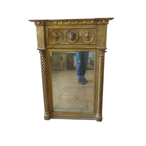 427 - A 19TH CENTURY PIER MIRROR, with ball finials above a frieze panel with applied lozenge and lion mas... 