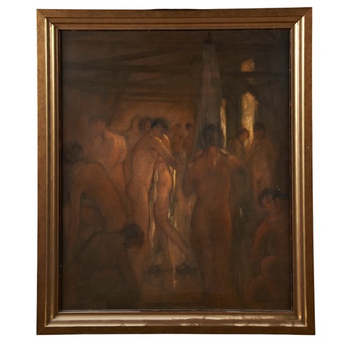 247 - EARLY 20TH CENTURY, OIL PAINTING ON CANVAS, depicting figures in communal baths, indistinctly titled... 