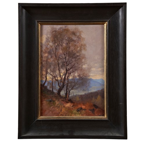 238 - WILL BENNETT, A PAIR OF OIL PAINTINGS ON BOARD, one of a silver birch on a hill side with lake below... 