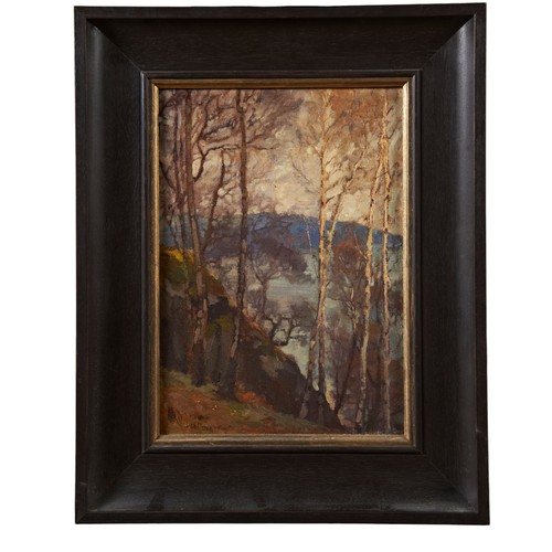 238 - WILL BENNETT, A PAIR OF OIL PAINTINGS ON BOARD, one of a silver birch on a hill side with lake below... 