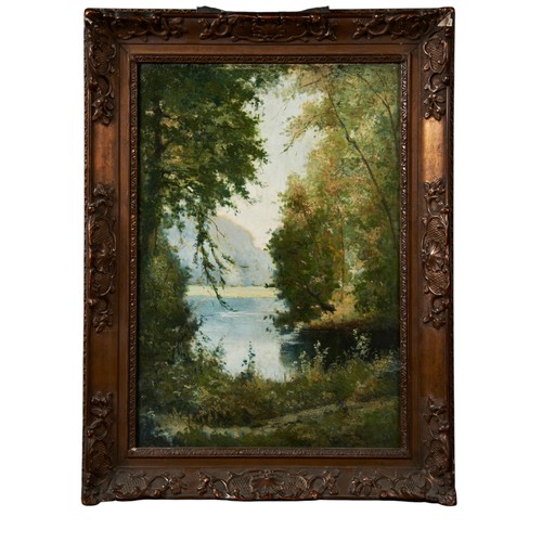 242 - G. MOISAUT OIL PAINTING ON CANVAS OF LAKE SCENE, signed in lower right corner,  Clichy art society g... 