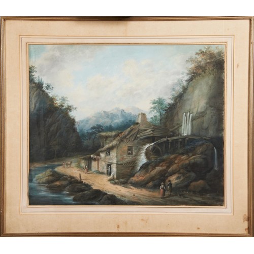 264 - CONTINENTAL SCHOOL, MILL IN A VALLEY with figures, pastel on paper, framed under glass, 19th century... 