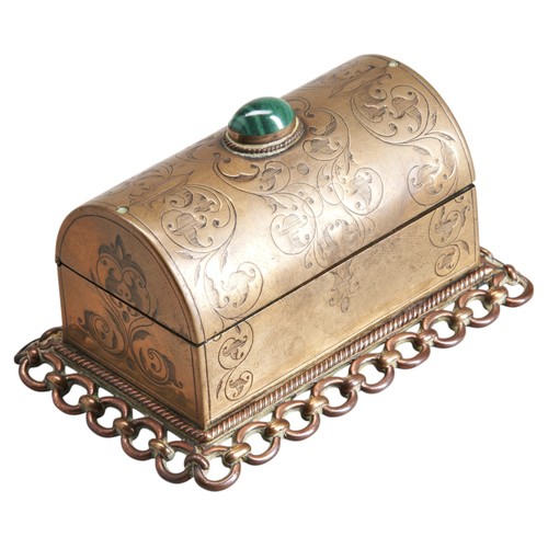 436 - A BRASS DOME TOP VESTA BOXCIRCA 1900the hinged cover inset with a Malachite cabochon, with chased sc... 