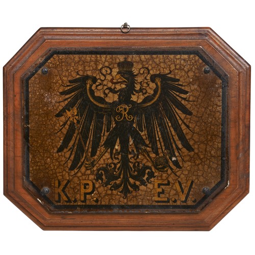 532 - A PRUSSIAN RAILWAYS METAL CARRIAGE PLAQUE decorated with the Prussian eagle holding an orb and scept... 