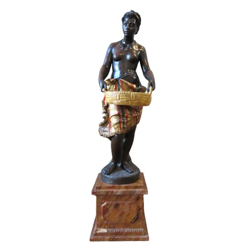 507 - A 19TH CENTURY TERRACOTTA BLACKAMOOR, modelled standing, holding a fruit basket, raised on a plinth ... 