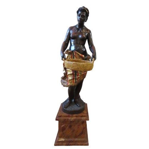 507 - A 19TH CENTURY TERRACOTTA BLACKAMOOR, modelled standing, holding a fruit basket, raised on a plinth ... 