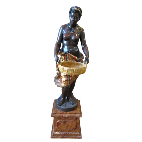 507 - A 19TH CENTURY TERRACOTTA BLACKAMOOR, modelled standing, holding a fruit basket, raised on a plinth ... 