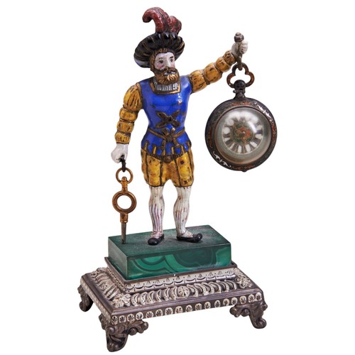 504 - AN AUSTRIAN ENAMELLED FIGURAL WATCH HOLDERCIRCA 1870the 17th Century-style figure modelled standing,... 