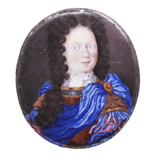 543 - A LIMOGES PAINTED ENAMEL PORTRAIT PLAQUEdepicting Louis XIV,  wearing lace collar and a striking blu... 