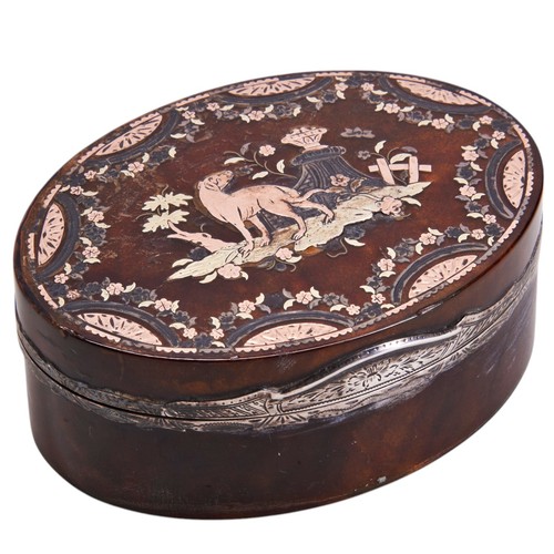 542 - A FINE LATE 18TH CENTURY BLOND TORTOISESHELL & PIQUE WORK BOX, the cover of the oval form box in... 