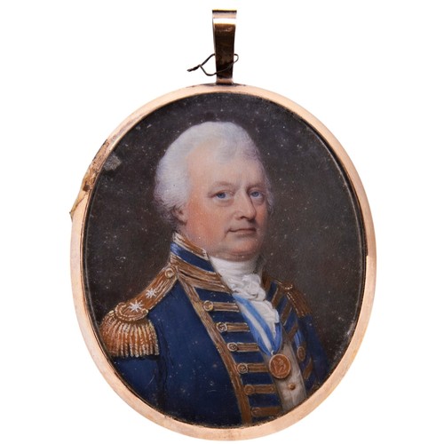 551 - A LATE 18TH CENTURY PORTRAIT MINIATURE OF NAVAL ADMIRAL, in blue jacket with epaulettes and a medal ... 