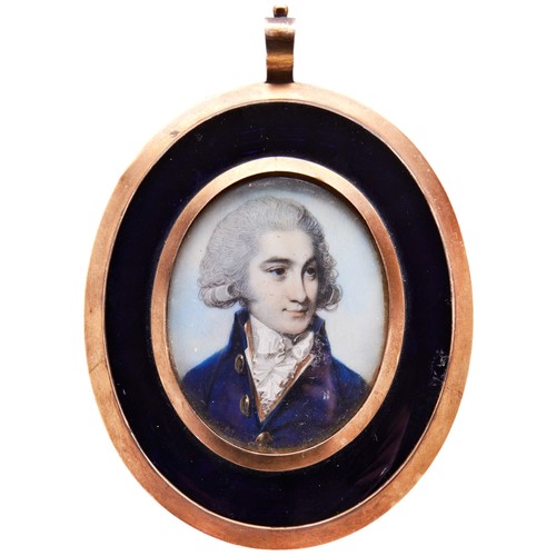 552 - A LATE 18TH CENTURY PORTRAIT MINIATURE OF A YOUNG GENTLEMAN, depicted wearing a navy blue overcoat, ... 