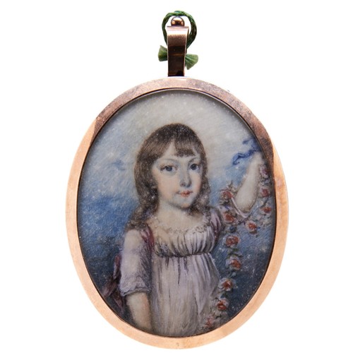 547 - A LATE 18TH CENTURY DOUBLE SIDED PORTRAIT MINIATUREone side depicting a young girl holding aloft a f... 