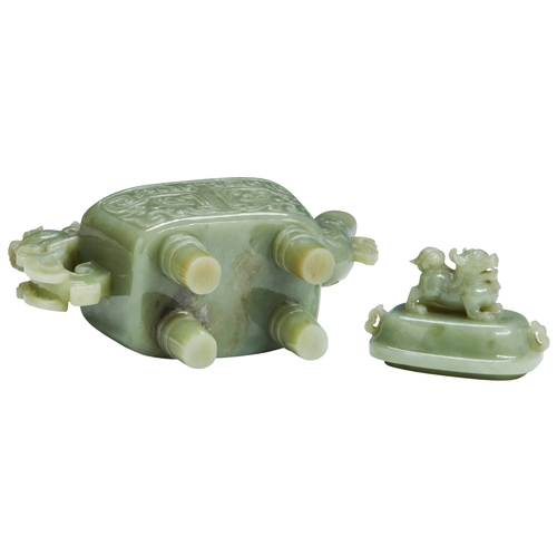 102 - AN ARCHAISTIC CELADON JADE RITUAL WINE VESSEL AND COVER20TH CENTURY青白玉仿古玉壶 二十世纪with a carved dragon ... 
