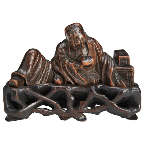 中国美術 古竹 刻 双龍 筆架17.5cmx3.5cm文房四宝(K-HA477) A BAMBOO BRUSH REST ON HARDWOOD STAND17TH CENTURY竹雕李白笔架山十